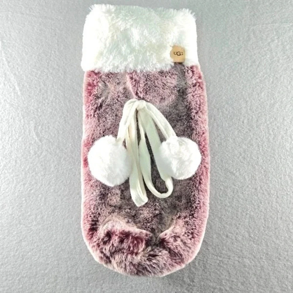 Ugg Dawson Cabernet Colored Wine Bottle Holder‎ Gift Bag Faux Fur Pom Poms NWOT